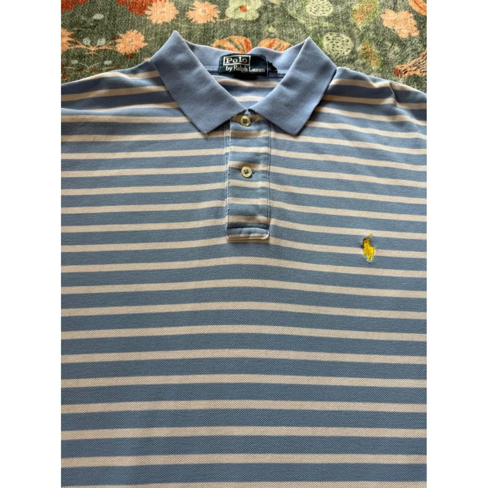 Polo Ralph Lauren Mens Blue White Striped Cotton Pique Polo Shirt Large